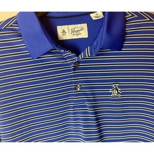 Original Penguin Mens Blue Striped Short Sleeve Polo Shirt Munsingwear Logo M
